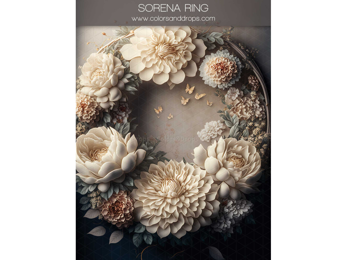 Fond photo grossesse et portrait Sorena Ring – couronne de fleurs blanches sur fond sombre | Colors&Drops