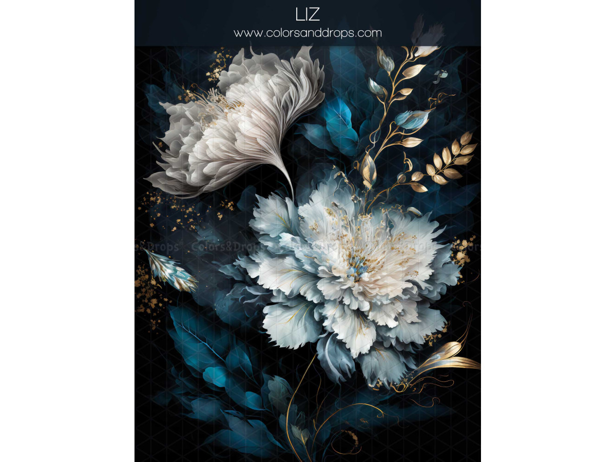 Fond photo grossesse et portrait Liz – pivoines blanches et bleues sur fond noir | Colors&Drops