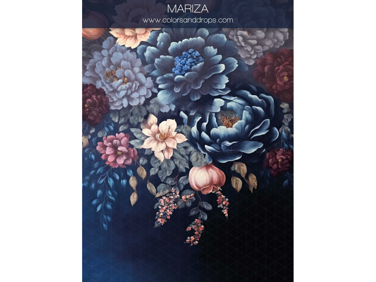 Fond photo grossesse et portrait Mariza – cascade de fleurs bleues et roses sur fond bleu nuit | Colors&Drops