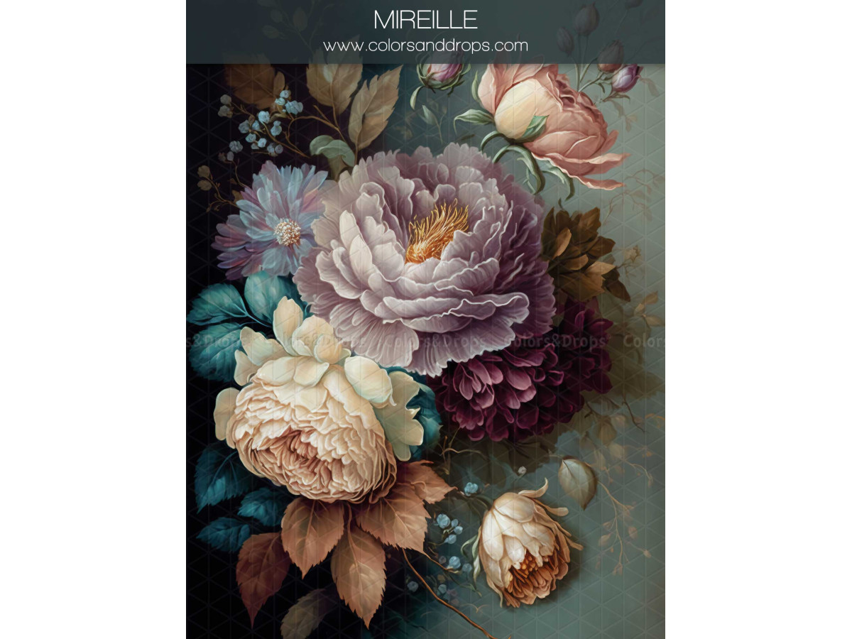Maternity & portrait photo backdrop Mireille – mauve and cream peonies on dark green background | Colors&Drops