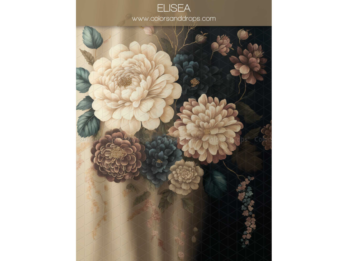 Maternity & portrait photo backdrop Elisea – cream peonies on beige and black drape | Colors&Drops