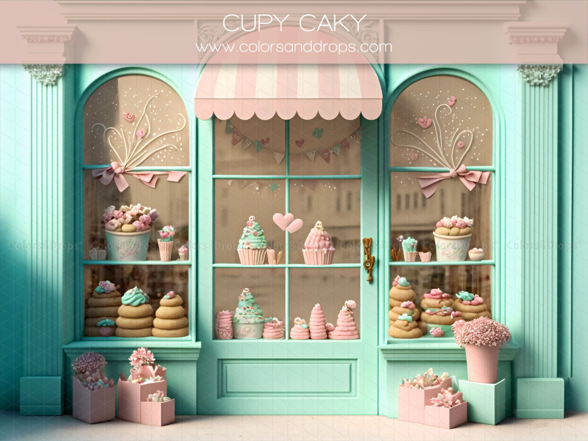 Easter photo backdrop Cupy Caky – mint green patisserie with cupcake display windows | Colors&Drops