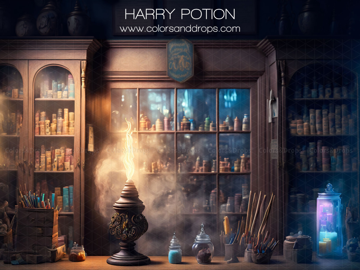 Photo backdrop Harry Potion – wizard apothecary with shelves of vials and smoke | Colors&Drops