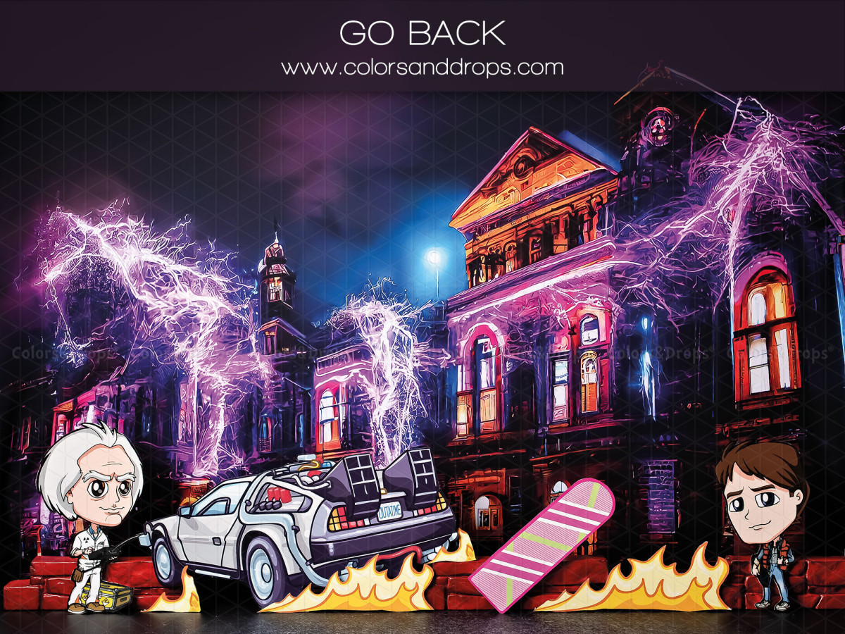 Fond photo bébé et smash cake Go Back – manoir sous les éclairs avec voiture et flammes | Colors&Drops