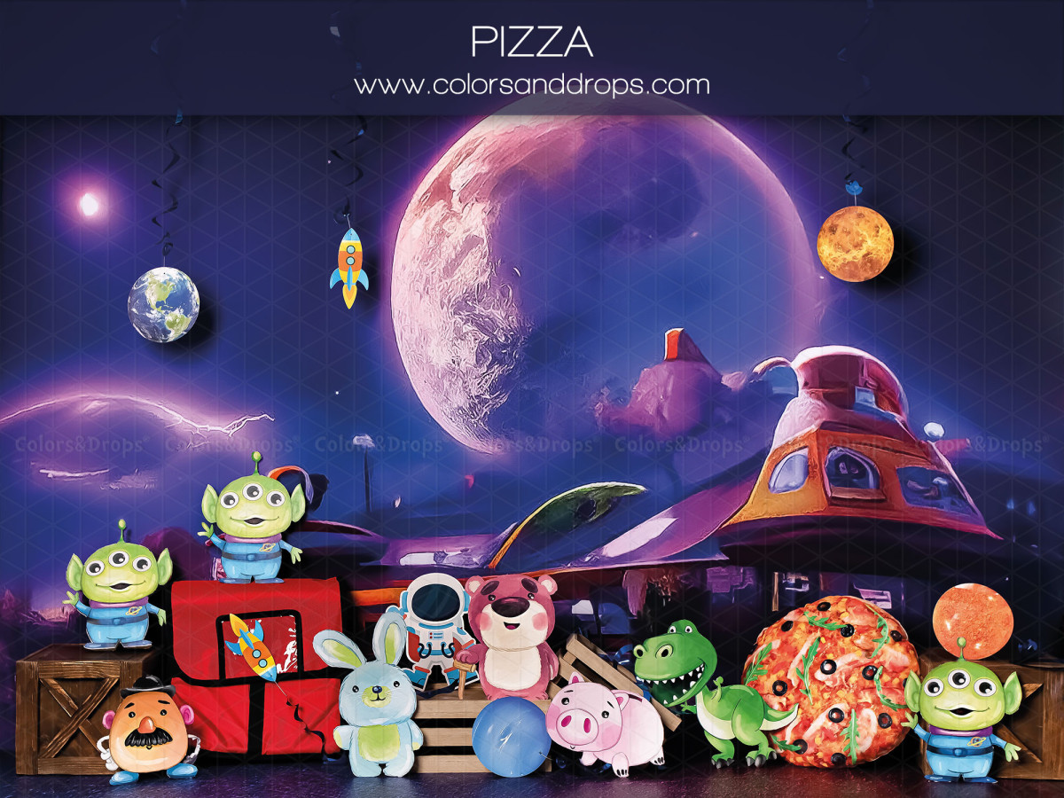 Fond photo bébé et smash cake Pizza – décor spatial avec planète, soucoupe et extraterrestres | Colors&Drops