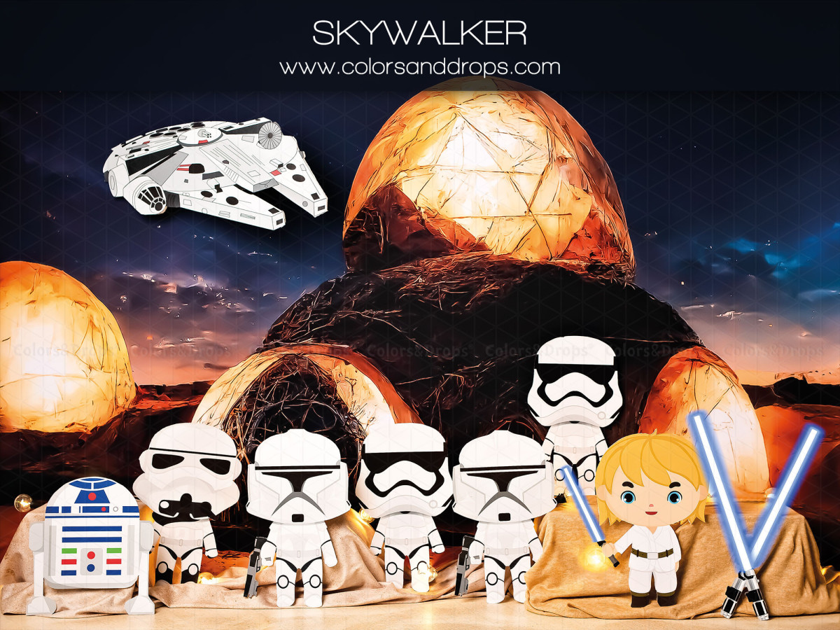 Fond photo bébé et smash cake Skywalker – dômes du désert la nuit avec vaisseau et soldats en figurines | Colors&Drops