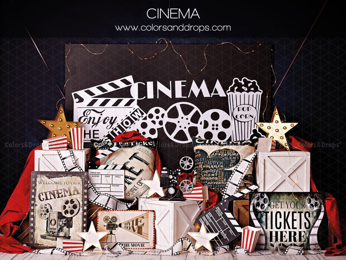 Fondo fotográfico de bebé y smash cake Cinema – decorado de cine con claqueta, bobinas y palomitas | Colors&Drops
