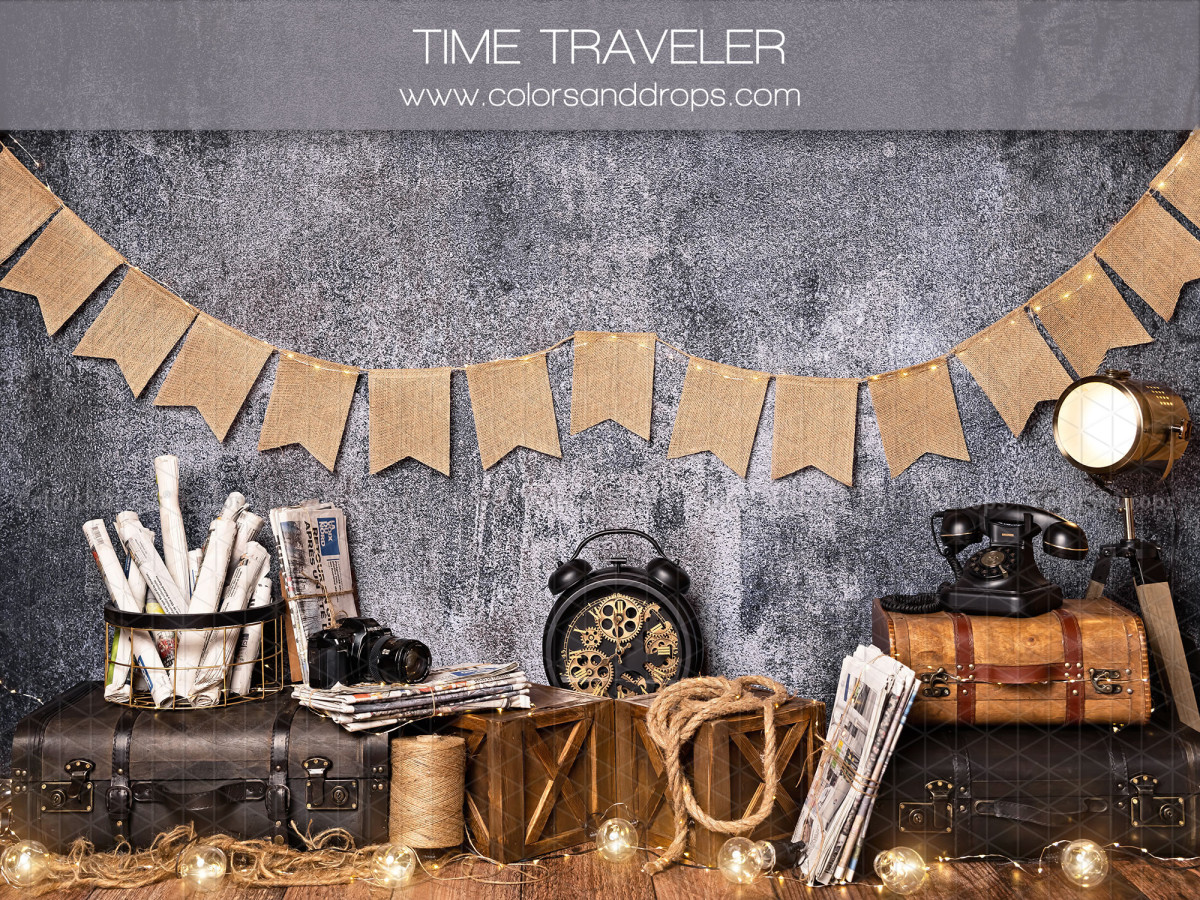 Baby & cake smash photo backdrop Time Traveler – grey wall with bunting, vintage suitcases and clock | Colors&Drops