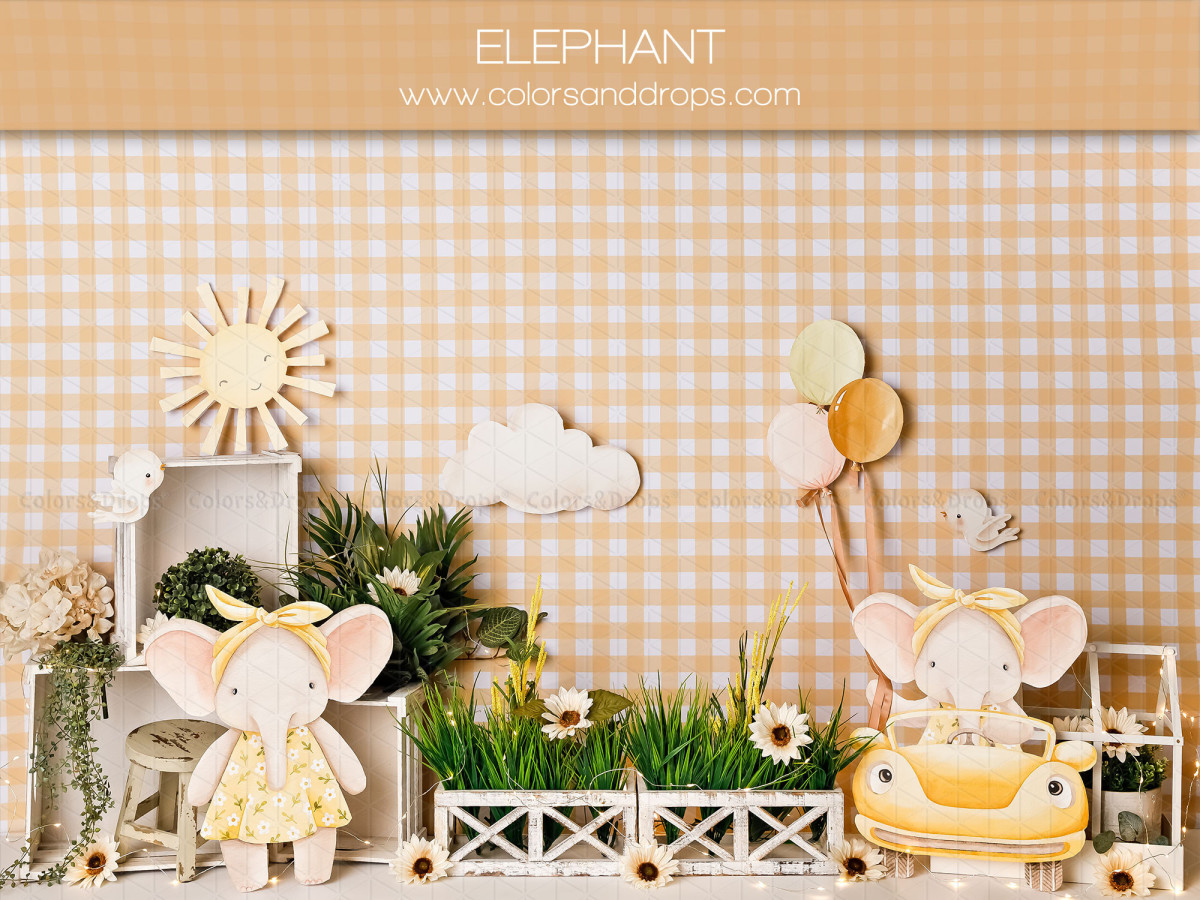 Fond photo bébé et smash cake Elephant – mur vichy pêche avec éléphants en peluche et soleil | Colors&Drops
