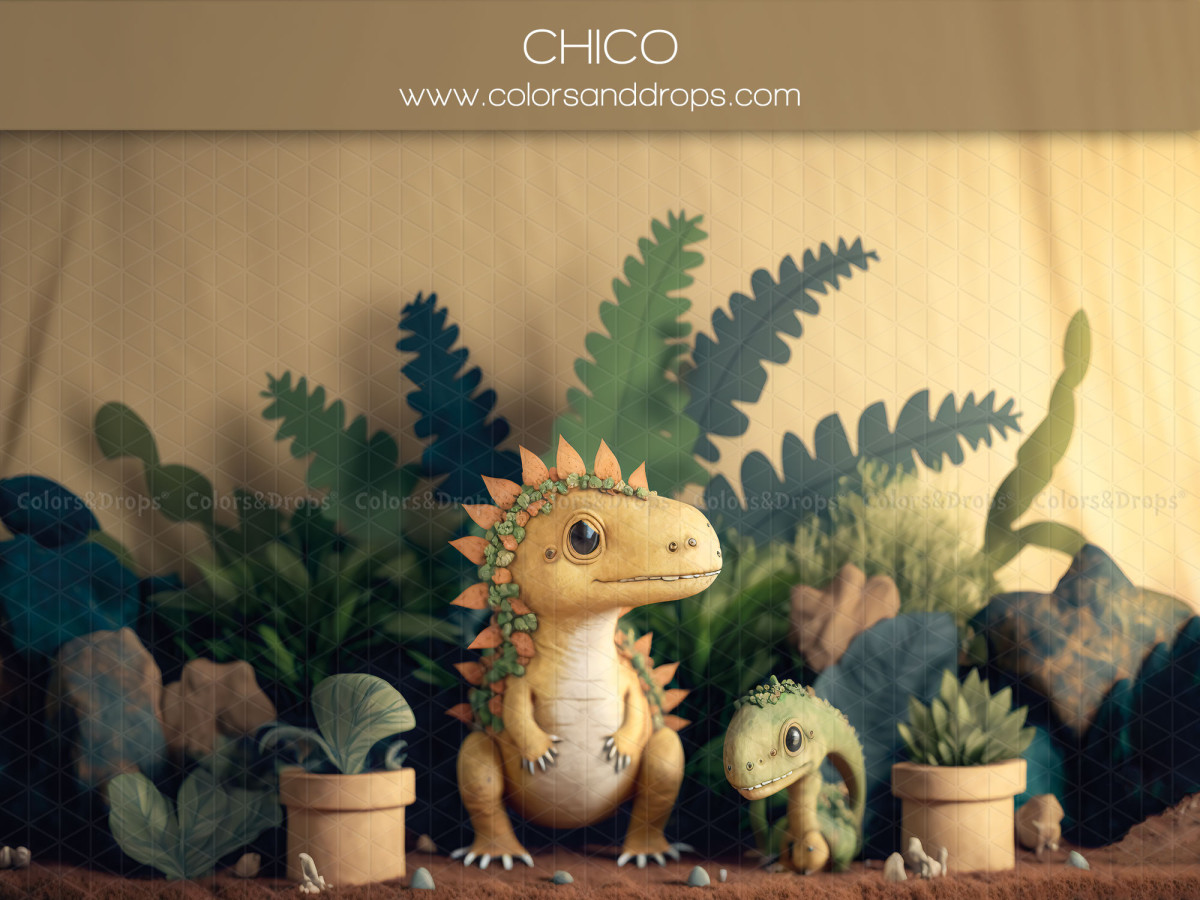 Fondo fotográfico de bebé y smash cake Chico – dinosaurios de peluche entre helechos y plantas | Colors&Drops