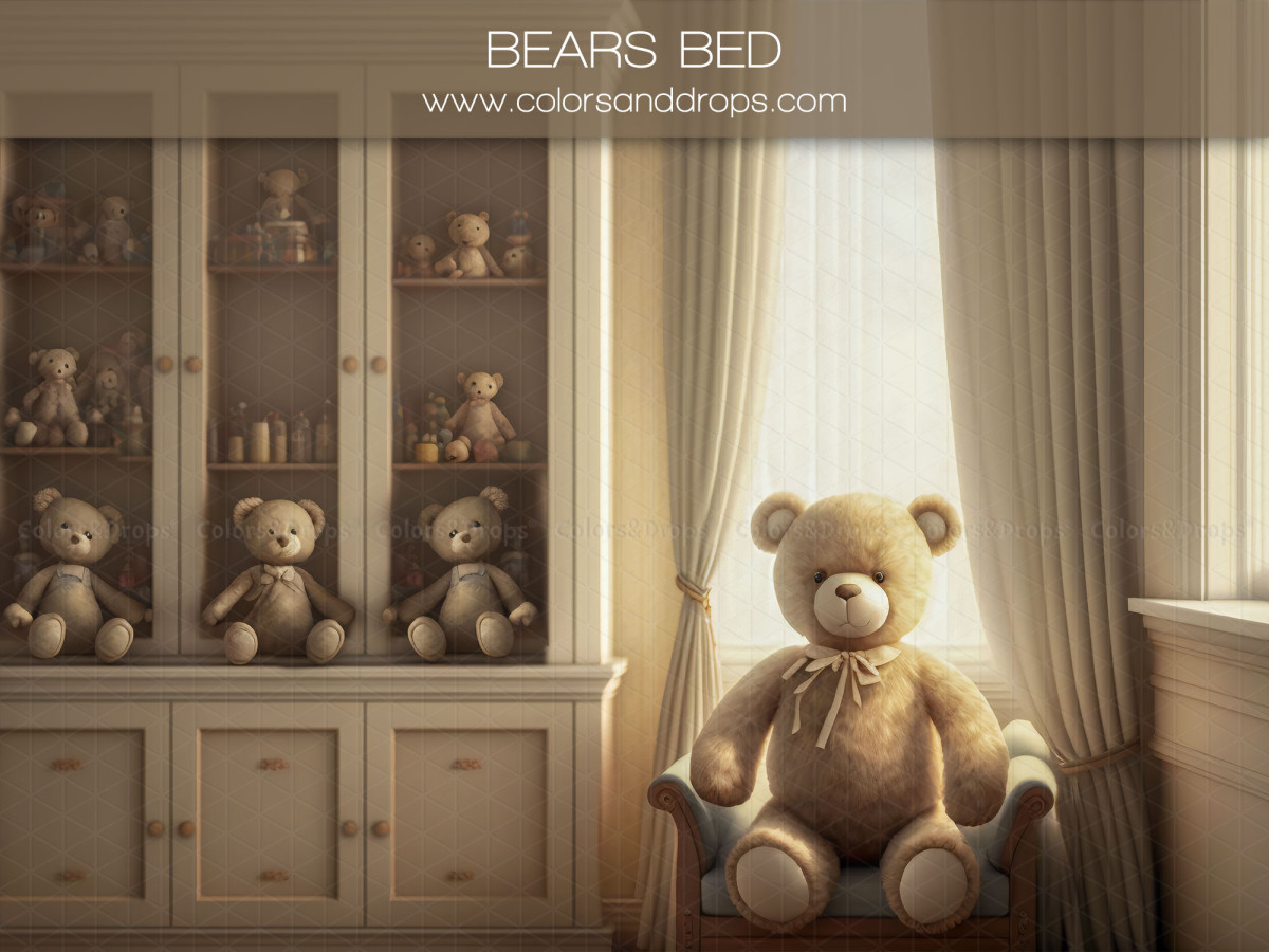 Fond photo bébé et smash cake Bears Bed – chambre avec vitrine d'oursons et grand ours en peluche | Colors&Drops