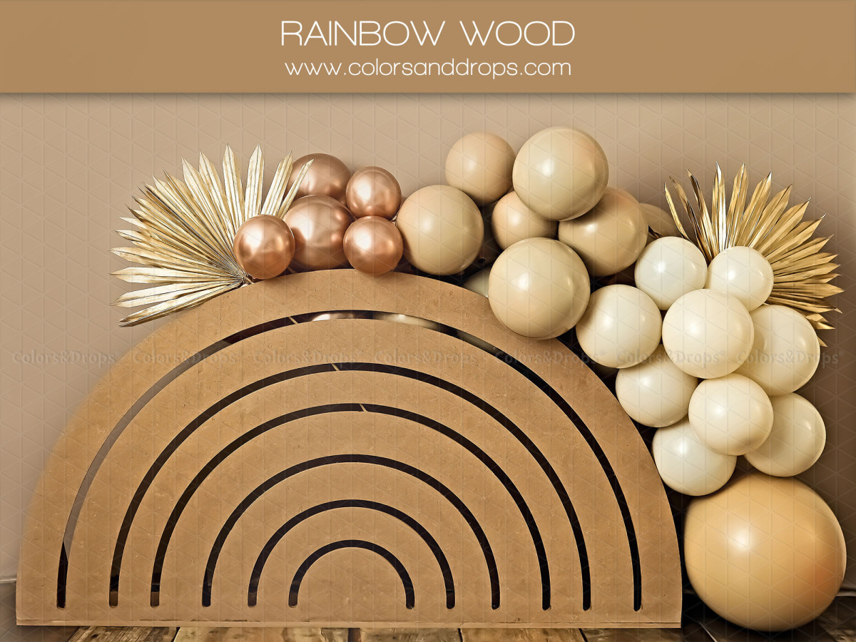 Baby & cake smash photo backdrop Rainbow Wood – wooden rainbow with beige and copper balloons | Colors&Drops