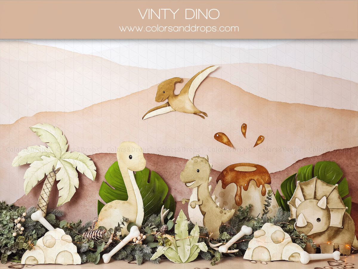 Fondo fotográfico de bebé y smash cake Vinty Dino – colinas pastel con dinosaurios y palmeras | Colors&Drops