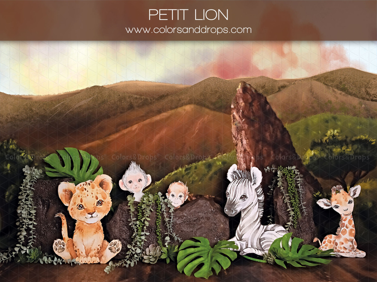Baby & cake smash photo backdrop Petit Lion – savanna at sunset with lion cub, zebra and giraffe | Colors&Drops