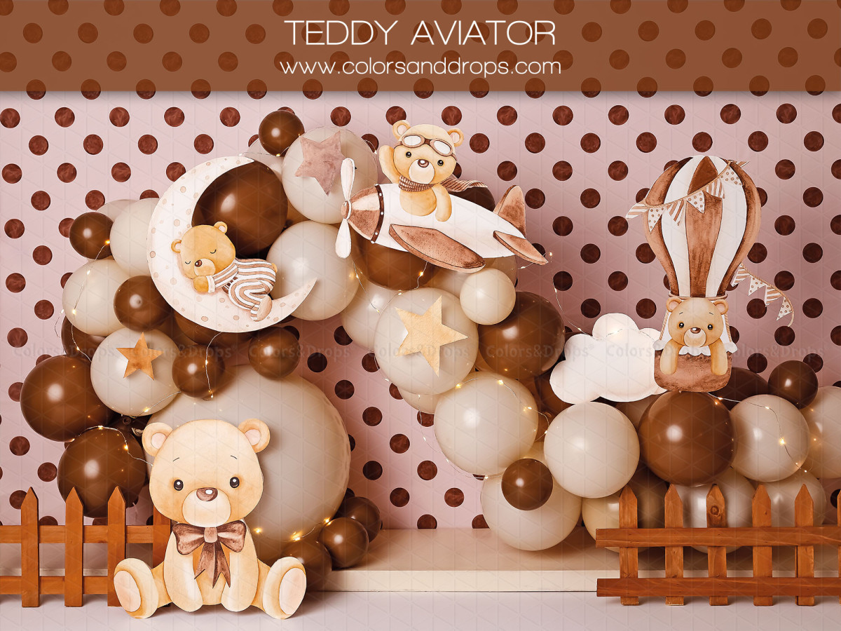 Fond photo bébé et smash cake Teddy Aviator – ballons marron et crème avec ours aviateur et montgolfière | Colors&Drops