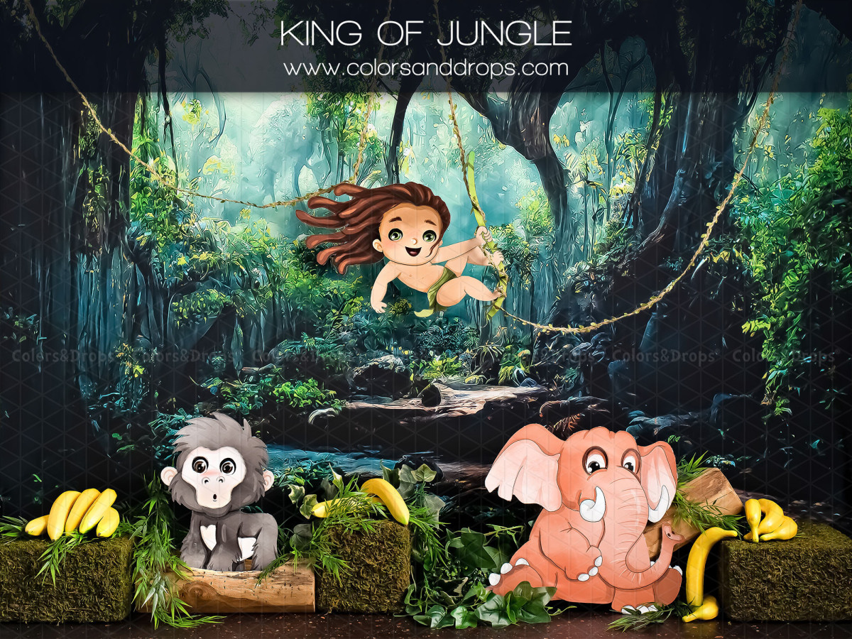 Fondo fotográfico de bebé y smash cake King of Jungle – selva pintada con niño en una liana, mono y elefante | Colors&Drops