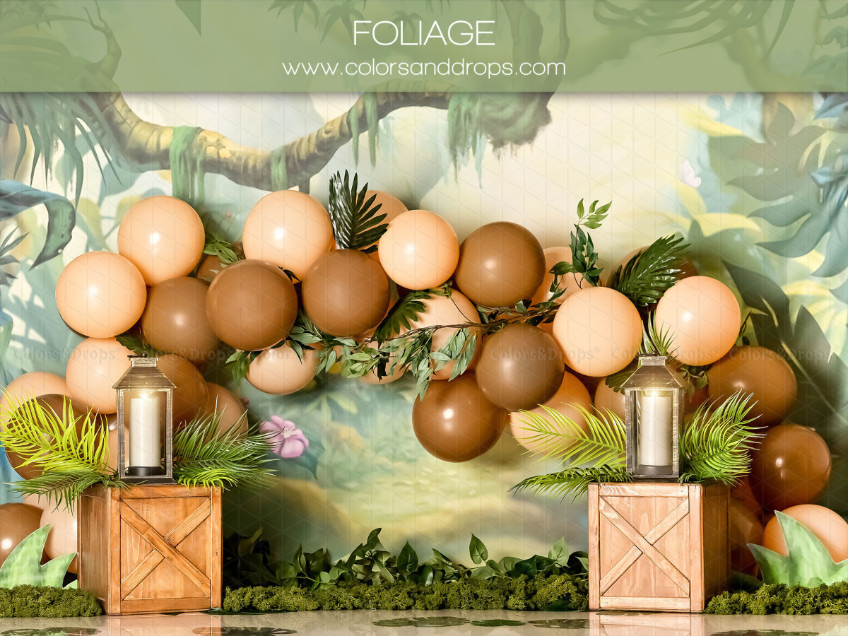 Fond photo bébé et smash cake Foliage – arche de ballons pêche et marron en jungle peinte | Colors&Drops