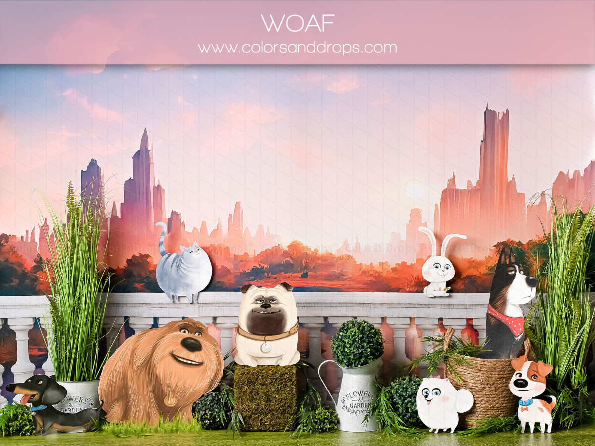 Baby & cake smash photo backdrop Woaf – city at sunset with pets | Colors&Drops