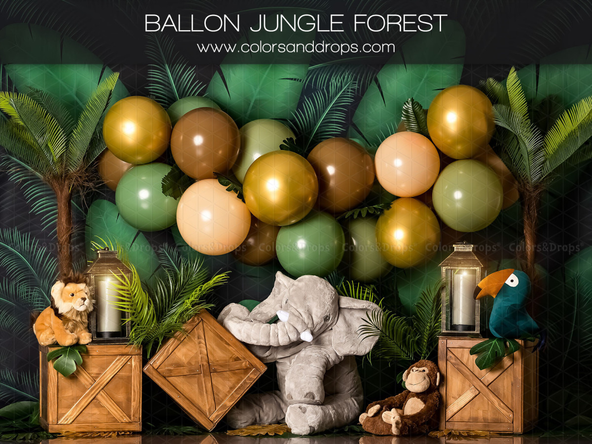 Baby & cake smash photo backdrop Ballon Jungle Forest – gold and green balloons in jungle with plush elephant | Colors&Drops