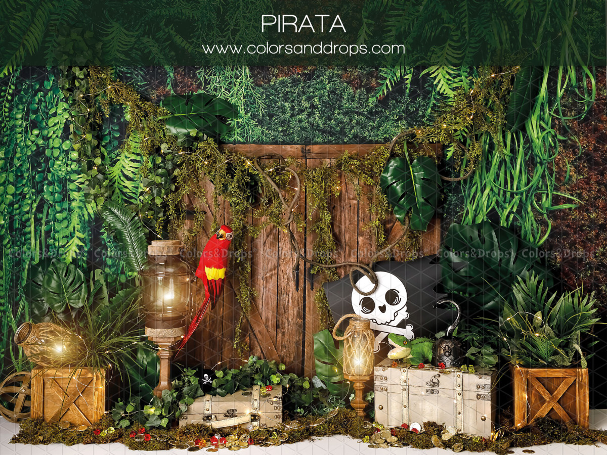 Baby & cake smash photo backdrop Pirata – pirate hideout in jungle with parrot and chest | Colors&Drops