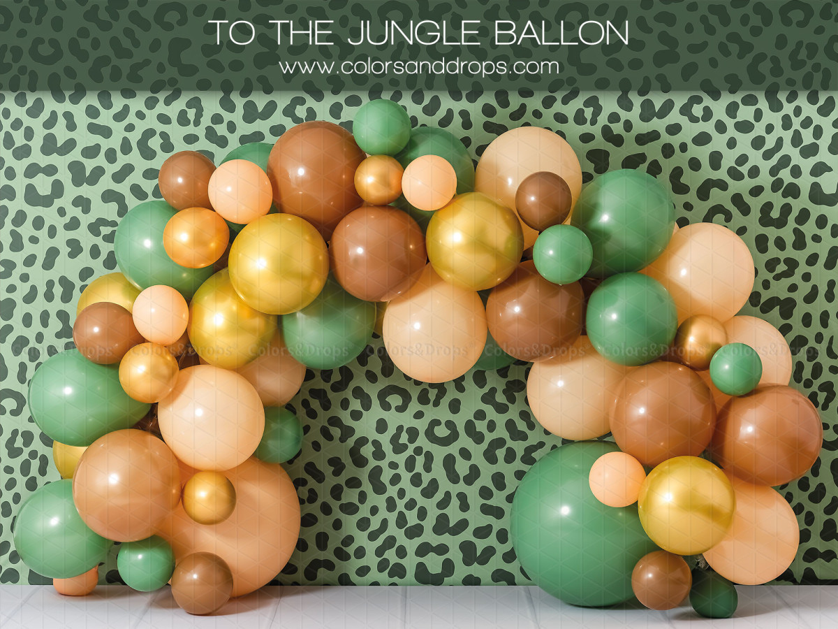 Fondo fotográfico de bebé y smash cake To the Jungle Ballon – arco de globos verdes y dorados sobre estampado | Colors&Drops