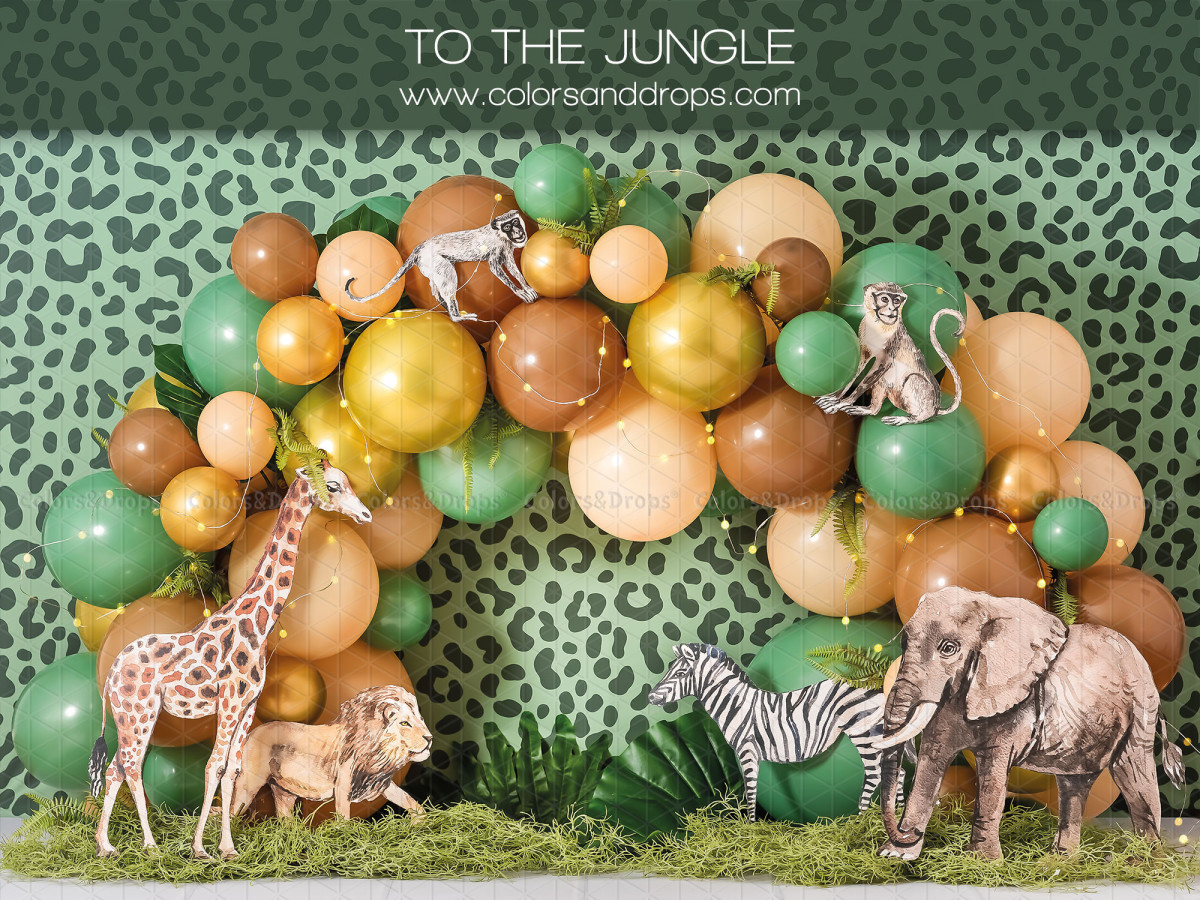 Fondo fotográfico de bebé y smash cake To the Jungle – arco de globos de selva con jirafa, cebra y elefante | Colors&Drops