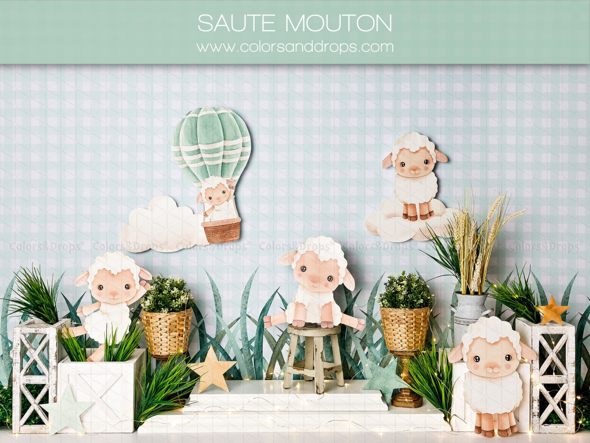 Baby & cake smash photo backdrop Saute Mouton – paper sheep with hot air balloon and lanterns | Colors&Drops