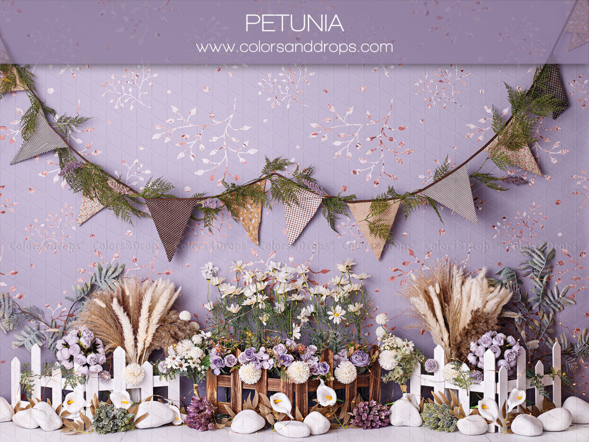 Baby & cake smash photo backdrop Petunia – lilac wall with bunting, flowers and white fence | Colors&Drops
