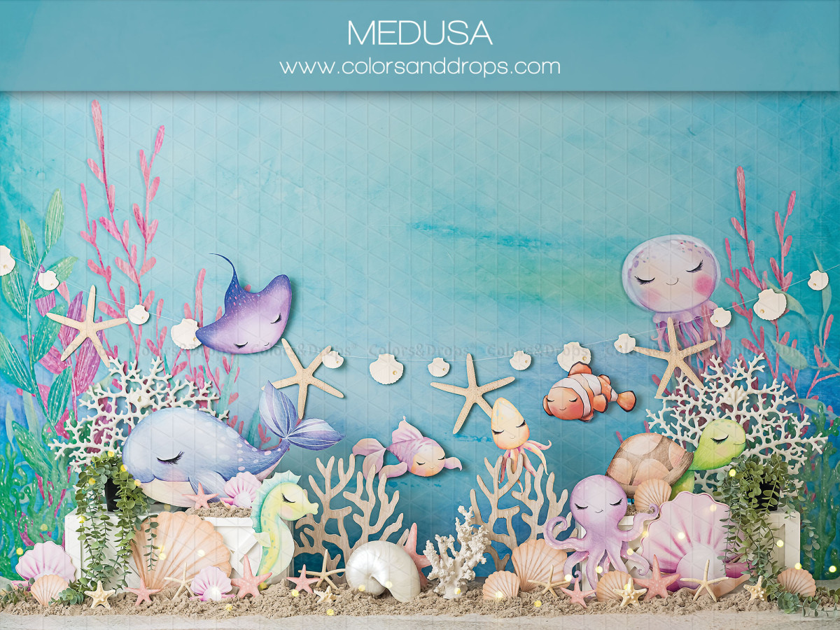 Fond photo bébé et smash cake Medusa – fond marin aquarelle avec poissons, coraux et pieuvre | Colors&Drops