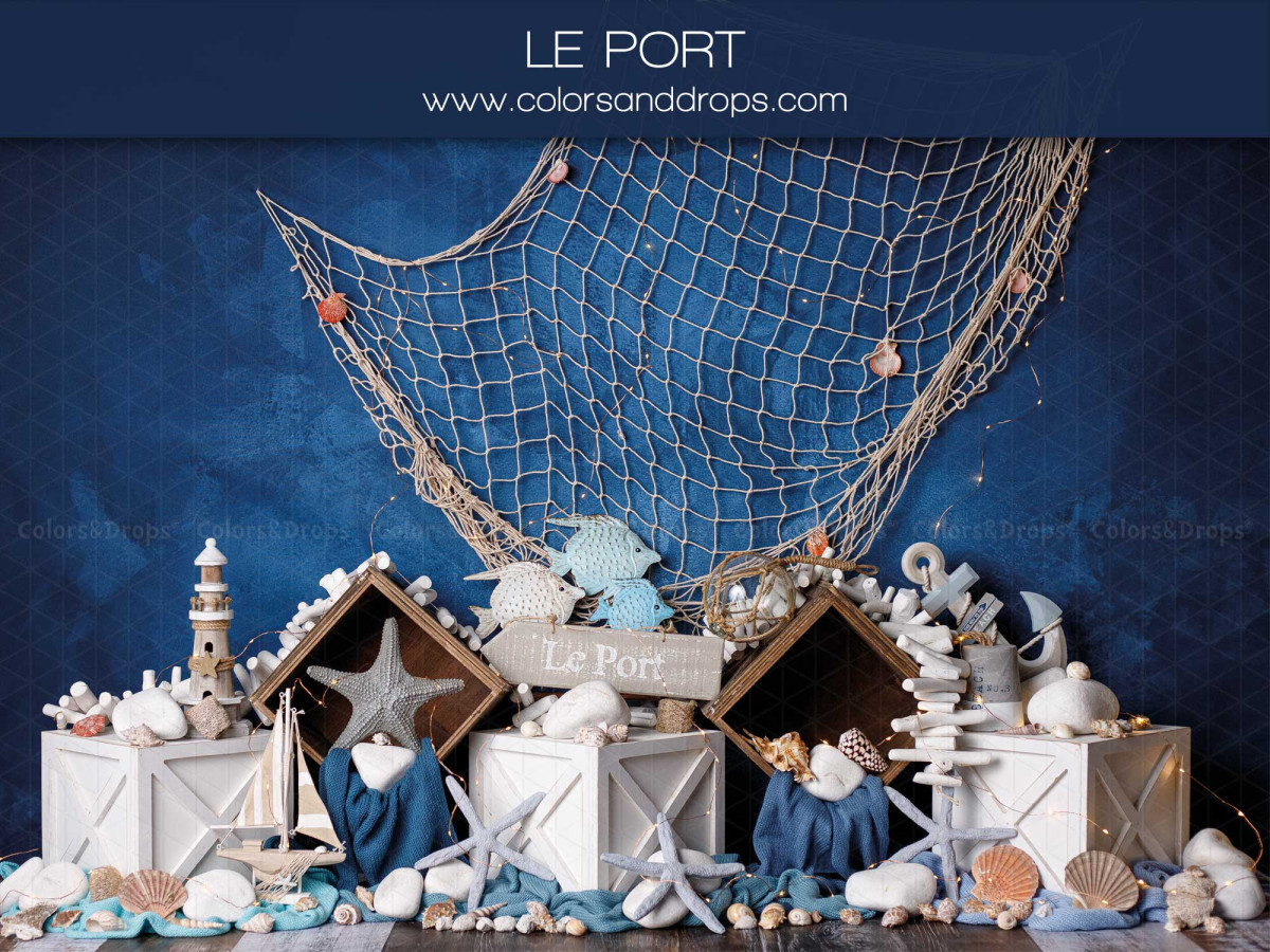 Baby & cake smash photo backdrop Le Port – fishing harbor with net, lighthouse and huts | Colors&Drops