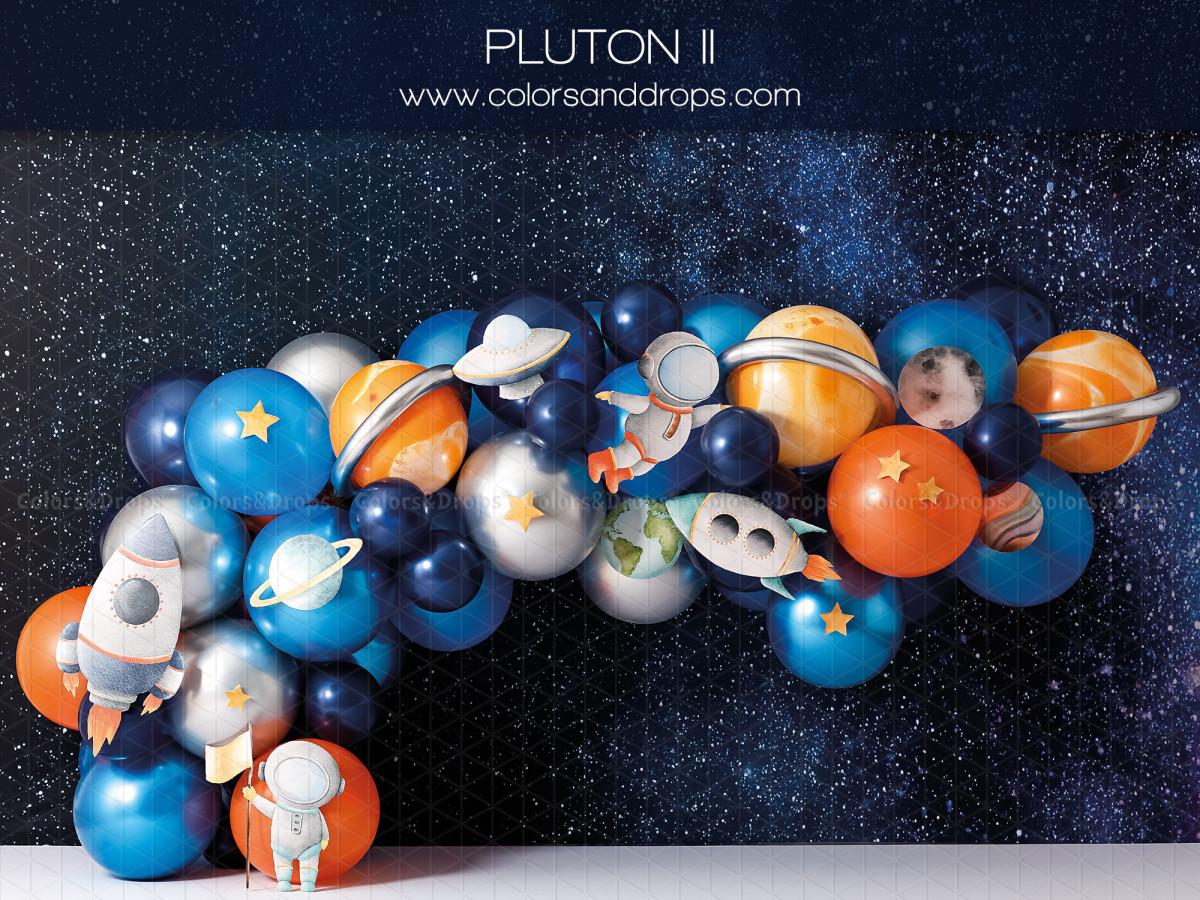 Fond photo bébé et smash cake Pluton II – guirlande de ballons planètes avec fusée et astronaute | Colors&Drops