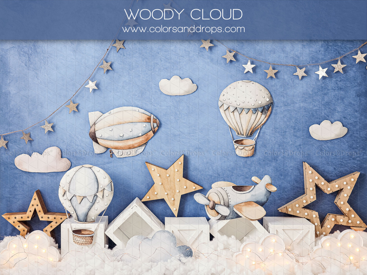 Baby & cake smash photo backdrop Woody Cloud – blue sky with hot air balloons, wooden stars and clouds | Colors&Drops