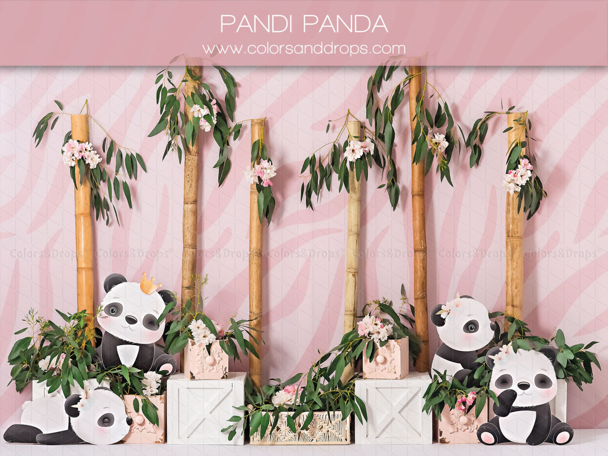 Baby & cake smash photo backdrop Pandi Panda – pink wall with bamboo and plush pandas | Colors&Drops