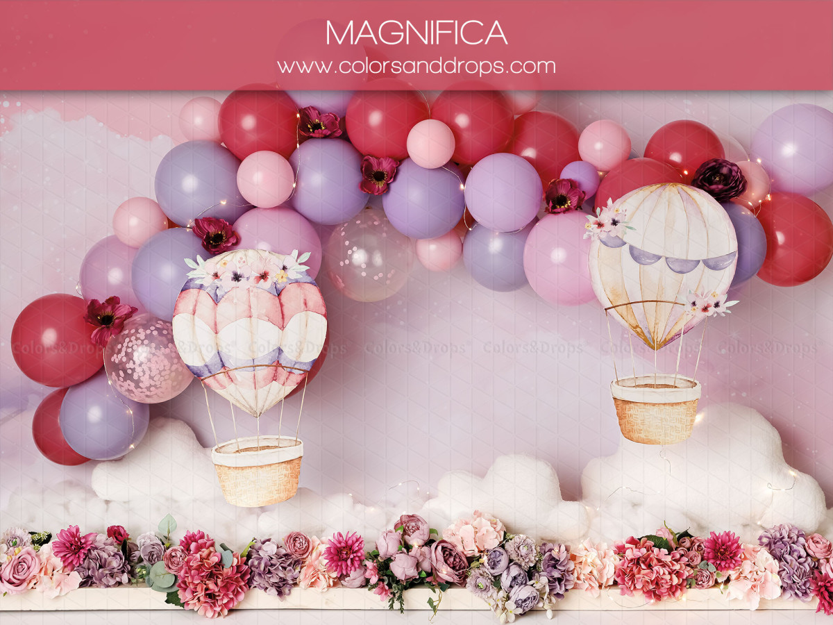 Baby & cake smash photo backdrop Magnifica – red and purple balloon arch with hot air balloons and flowers | Colors&Drops
