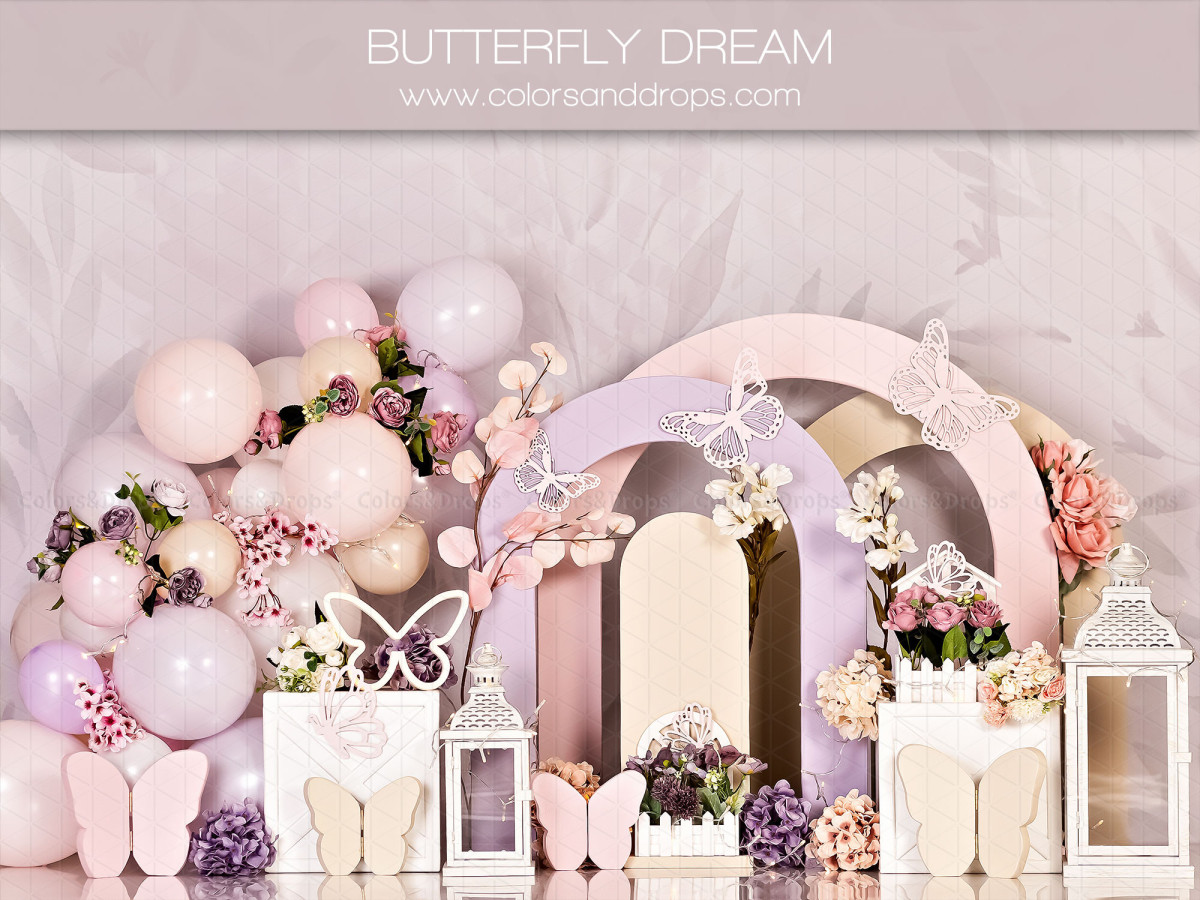 Fond photo bébé et smash cake Butterfly Dream – arche de ballons et arcs-en-ciel pastel avec papillons | Colors&Drops