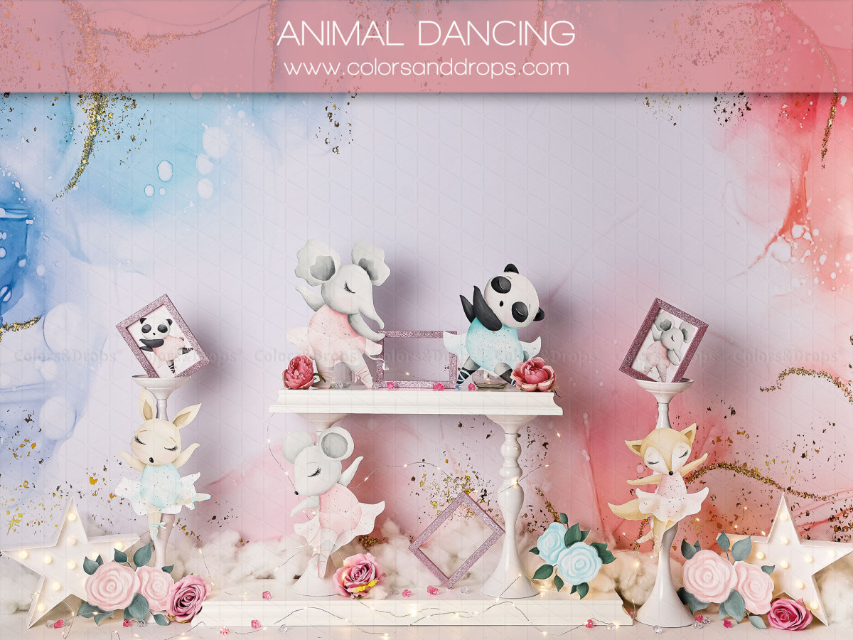 Fond photo bébé et smash cake Animal Dancing – animaux en papier dansants sur fond aquarelle | Colors&Drops