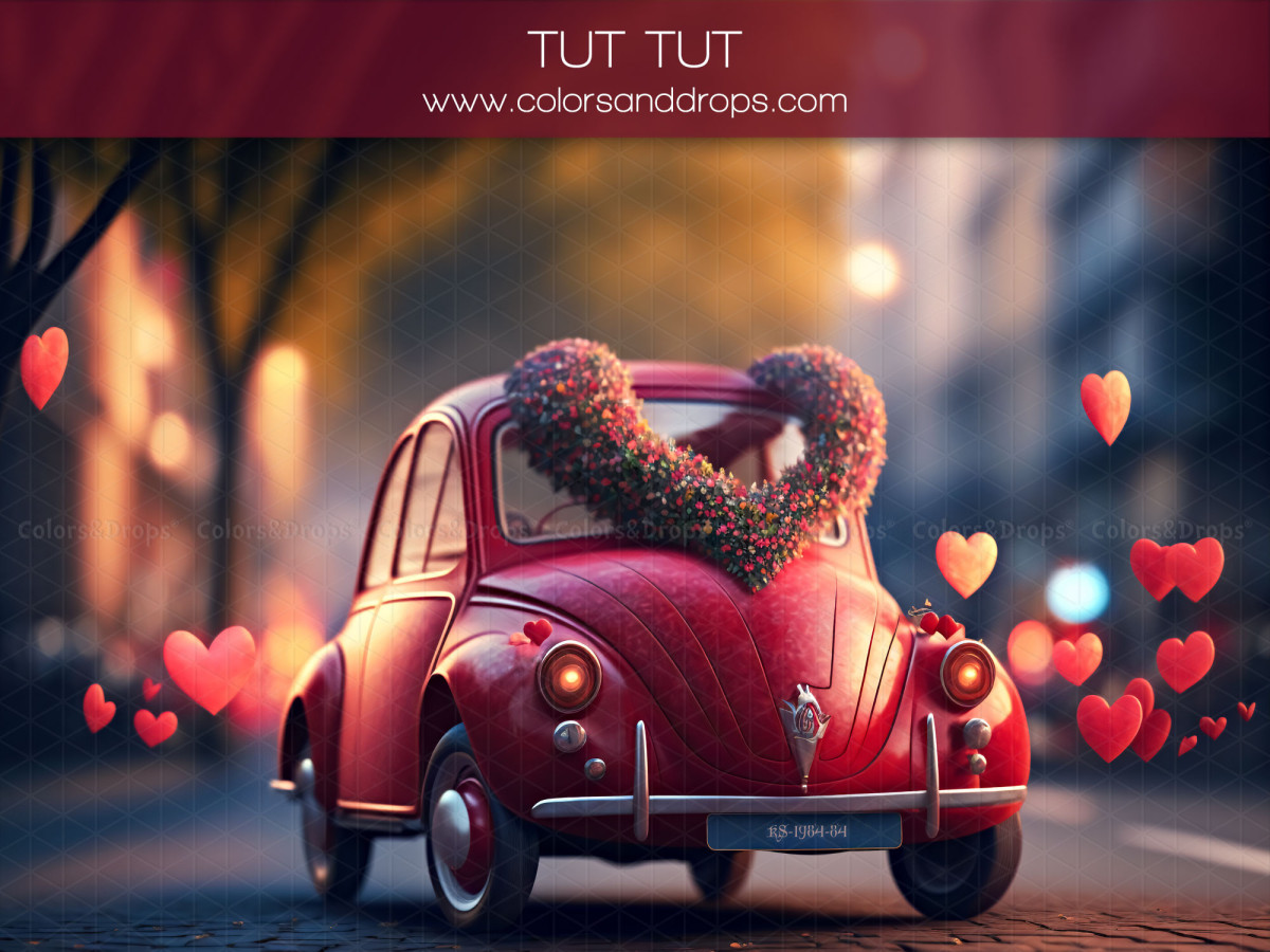 Fond photo Saint-Valentin Tut Tut – voiture rouge vintage avec cœur dans rue bokeh | Colors&Drops