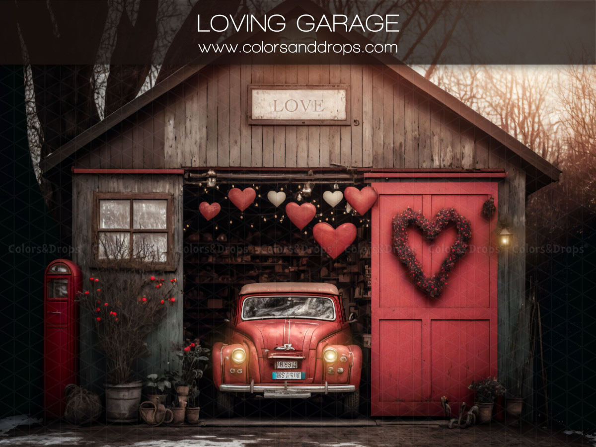 Fondo fotográfico de San Valentín Loving Garage – garaje de madera con coche rojo y corazones | Colors&Drops