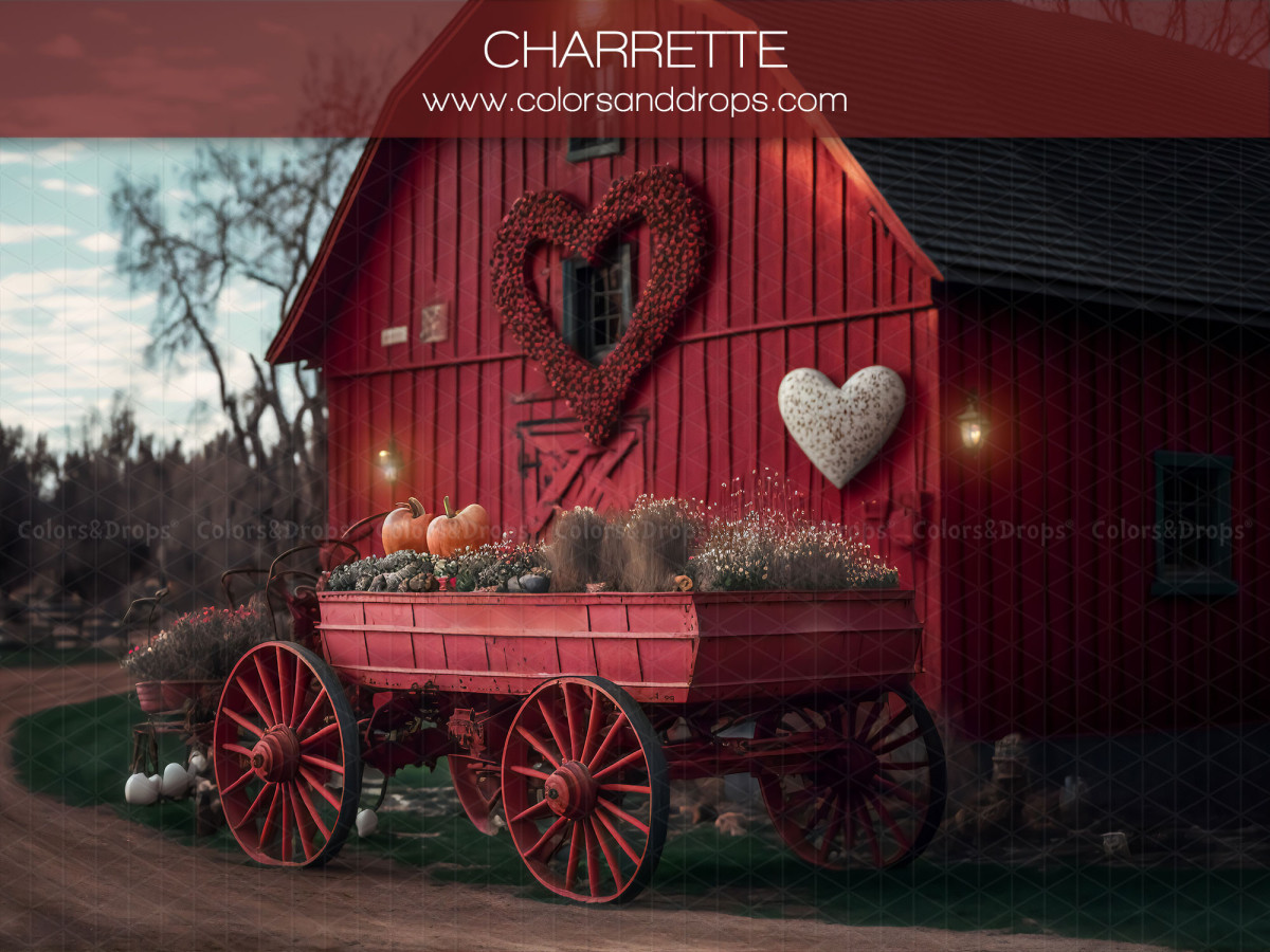Valentine's Day photo backdrop Charrette – red barn with cart and hearts | Colors&Drops