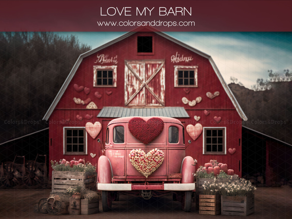 Fondo fotográfico Love My Barn – granero rojo con coche rosa y corazón | Colors&Drops