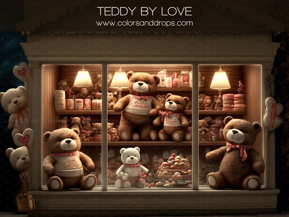 Photo backdrop Teddy by Love – lit teddy bear shop window | Colors&Drops