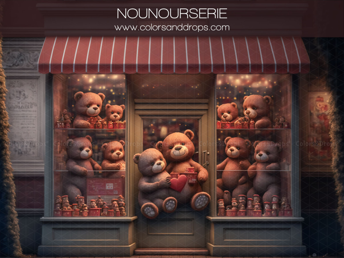Valentine's Day photo backdrop Nounourserie – teddy bear shop with striped awning and hearts | Colors&Drops