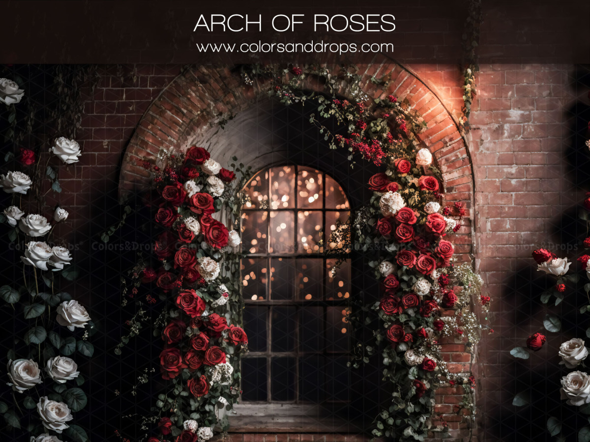 Valentine's Day photo backdrop Arch of Roses – arch of roses around a window on brick wall | Colors&Drops