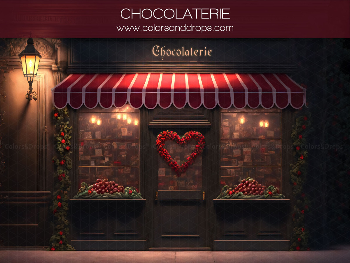 Fondo fotográfico de San Valentín Chocolaterie – fachada de chocolatería con toldo rojo y corazón | Colors&Drops