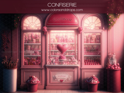 Fondo fotográfico de San Valentín Confiserie – confitería rosa con escaparates y corazón | Colors&Drops
