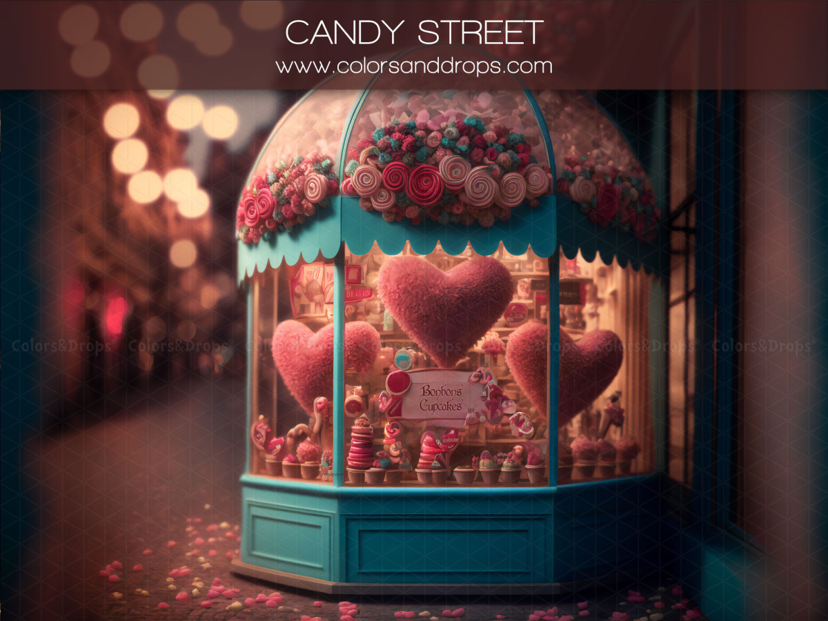 Fond photo Saint-Valentin Candy Street – kiosque de confiserie avec cœurs dans une ruelle | Colors&Drops