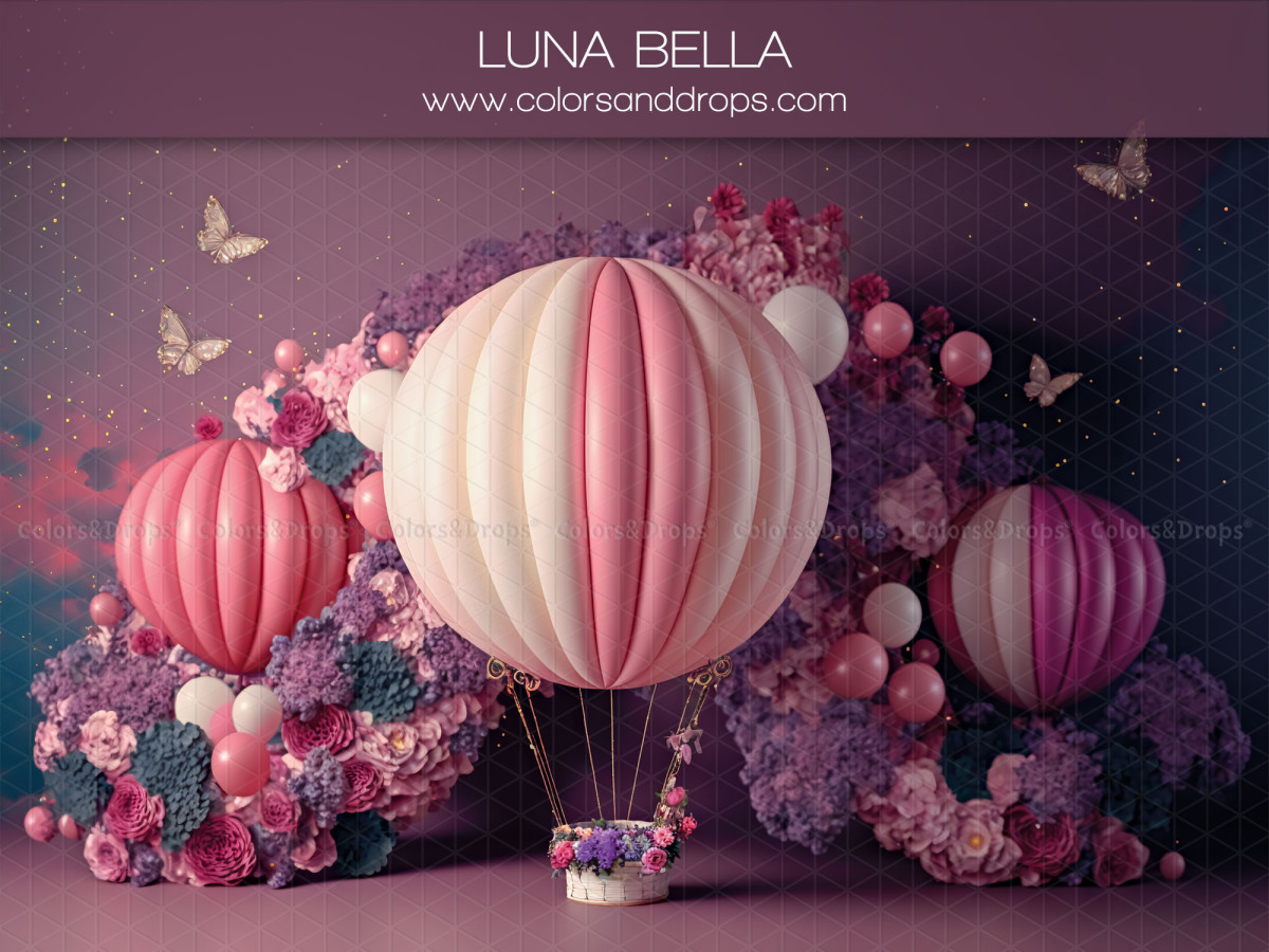Valentine's Day photo backdrop Luna Bella – pink hot air balloons with flowers and butterflies | Colors&Drops