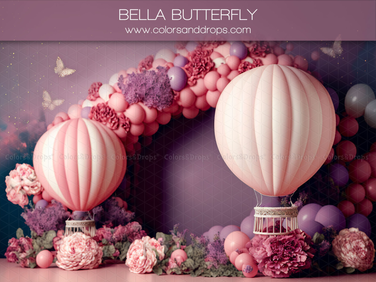 Valentine's Day photo backdrop Bella Butterfly – balloon and flower arch with pink hot air balloons | Colors&Drops
