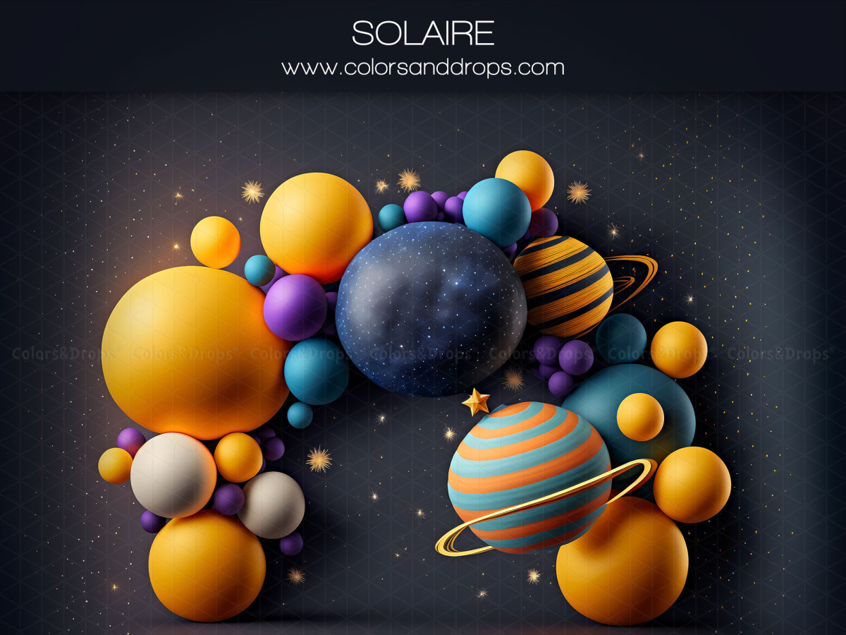 Baby & cake smash photo backdrop Solaire – planet balloon arch on starry background | Colors&Drops