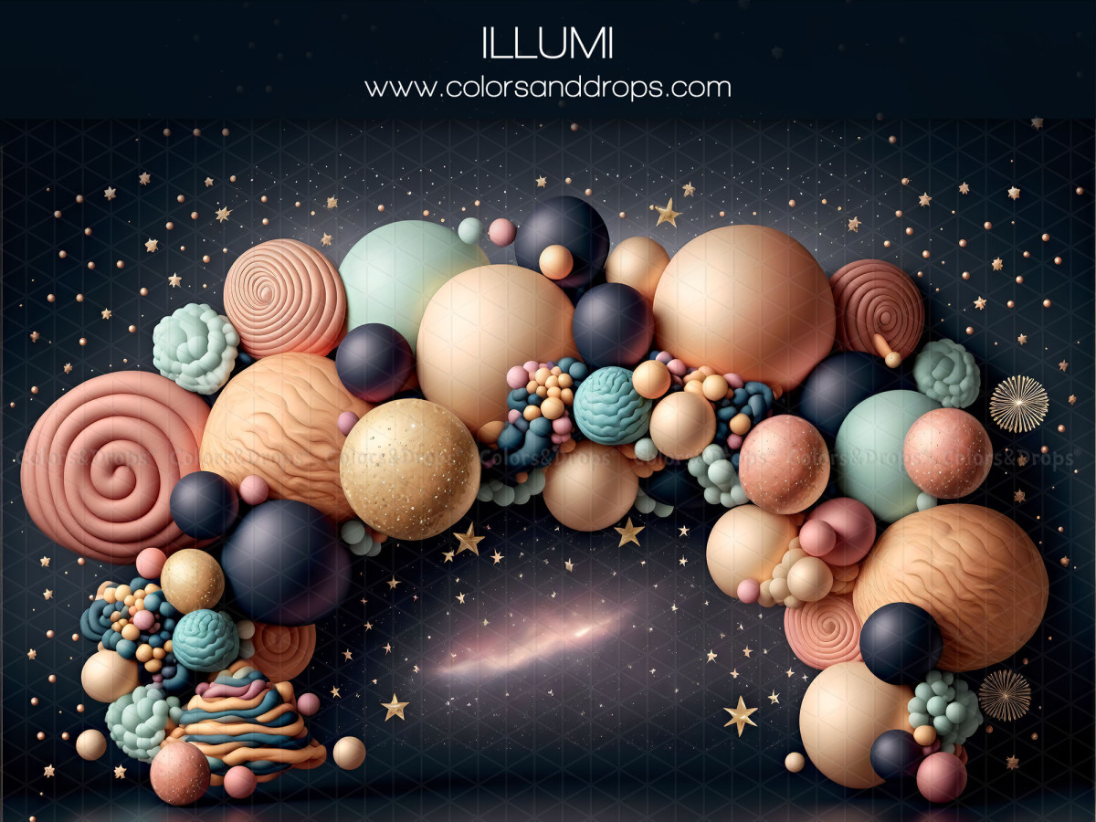 Baby & cake smash photo backdrop Illumi – balloon and candy arch on galaxy background | Colors&Drops